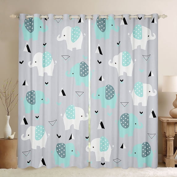 Homewish Cute Elephant Blackout Curtains Set of 2 (52x84 Each),Zoo Animal Window Curtains,Green Gray Curtains and Drapes For Boys Kids,Super Cozy Room Decor
