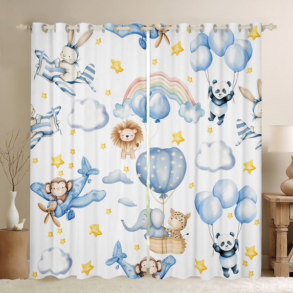 Homewish Cute Elephants Panda Monkey Blackout Curtains Set of 2 (52x84 Each) For Kids Children Teens,Cartoon Animal Window Curtains,Blue White Curtains and Drapes,Luxury Bedroom Decor