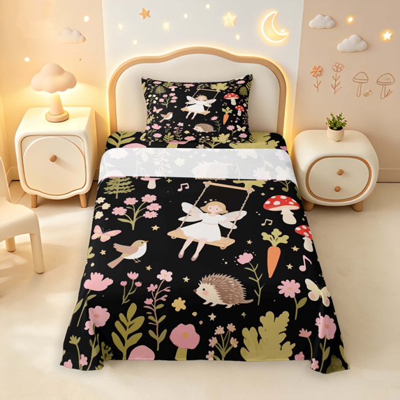 Homewish Cute Fairies Bird Hedgehog Twin Sheets,Kawaii Mushrooms Flowers Bedding,Black,3pcs,1 Flat Sheet,1 Fitted Sheet and 1 Pillowcase