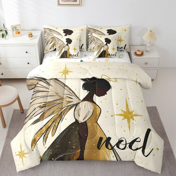 Homewish Cute Fairy 7-Piece Twin Bedding Sets for Girls Boys,Dreamy Princess Bedding Comforter Set,Bling Golden Glitter Breathable Sheet Sets,Microfiber Bedroom Decor,Reversible