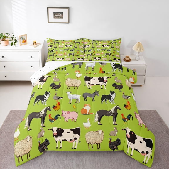 Homewish Cute Farm Animal Bedding Comforter Set for Kids, Sheep Pig Cow Horse Twin Comforter Sets, Green Cartoon Theme Reversible Bedding Set, Super Cozy Room Decor, 2 Pieces