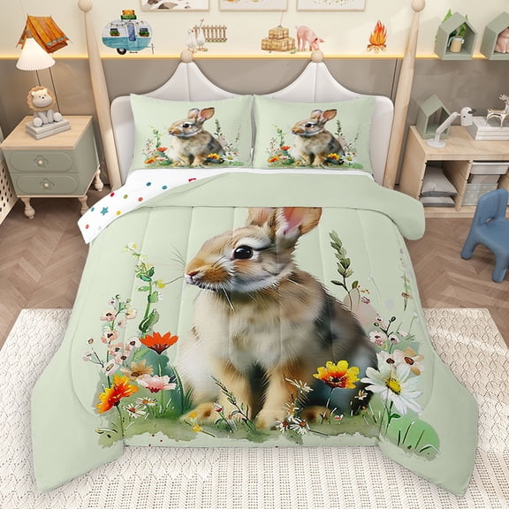 Homewish Cute Farmhouse Rabbit Full Size Comforter Sets for Kid, Kawaii Cartoon Bunnies Bedding Comforter Set, Groovy Daisy Flower Reversible Bedding Sets, Breathable Home Decor, 3-Piece