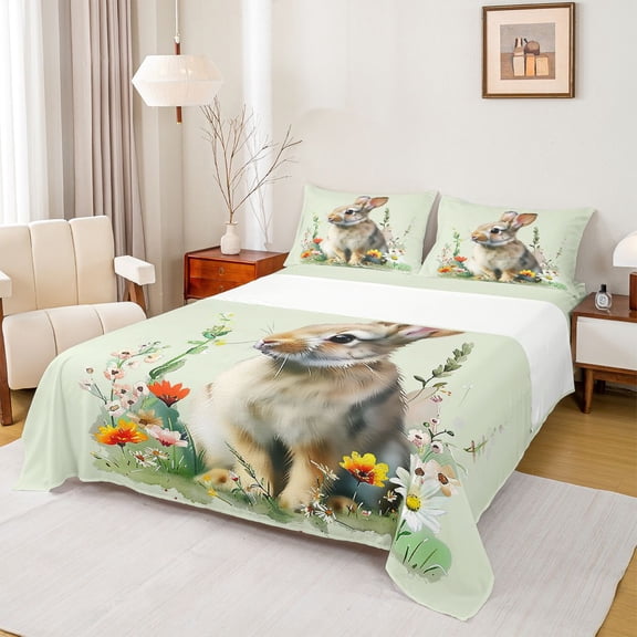Homewish Cute Farmhouse Rabbit Twin Sheet Sets for Kid, Kawaii Cartoon Bunnies Twin Fitted Sheet, Groovy Daisy Flower Flat Sheet, Breathable Home Decor, 3-Piece