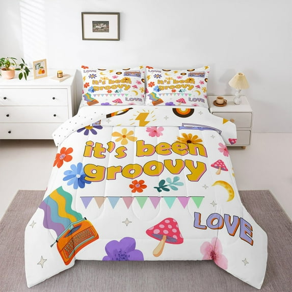 Homewish Cute Floral Mushroom Queen Comforter Set,Colorful Rustic Floral Bedding Sets,White Orange Purple Bedding Comforter Set For Girl Teens,Microfiber Bedroom Decor Reversible,3pcs