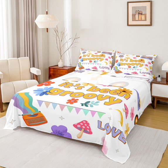 Homewish Cute Floral Mushroom Twin Sheet Sets,Colorful Rustic Floral Twin Fitted Sheet,White Orange Purple Flat Sheet For Girl Teens,Microfiber Bedroom Decor,3-Piece