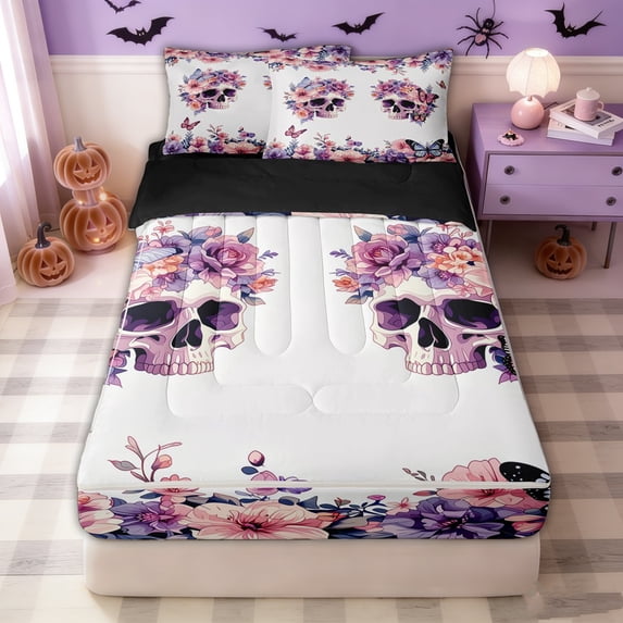 Homewish Cute Floral Skull Zipper Full Size Comforter Sets with Fitted Sheet and 2 Pillowcases for Kids, Rose Butterfly Spring Spooky Zipper Bedding Set, Black Reversible, 4 Pieces