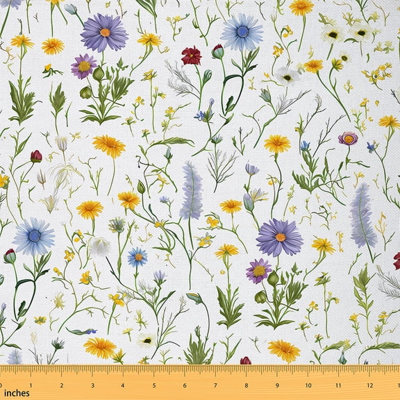 Homewish Cute Flower Lavender Fabric by the Yard 1 Yard,Rustic Floral Home Decor Fabric by the Yard,Green Purple White Sewing Fabric For Girls,Luxury Bedroom Decor