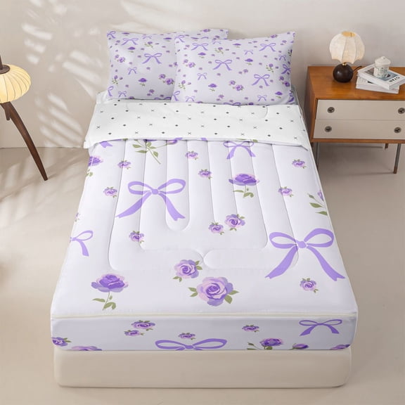 Homewish Cute Flower Print Zipper Twin Comforter Sets with Fitted Sheet and 2 Pillowcases For Girls,Purple Bowknot Ribbon Kids Zipper Bedding Set,Reversible,4 Pieces