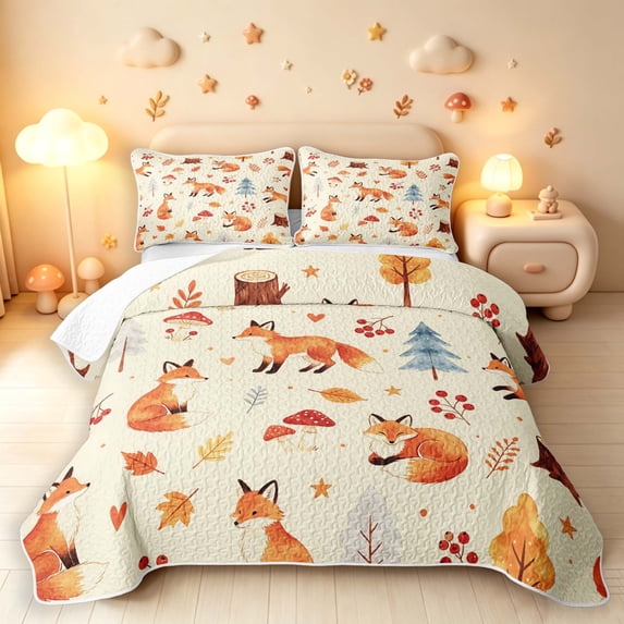 Homewish Cute Fox Animals Quilt Full,Cute Fungus Plants Full Bedspread Sets,Cream Orange,Polkadot Reversible,3pcs