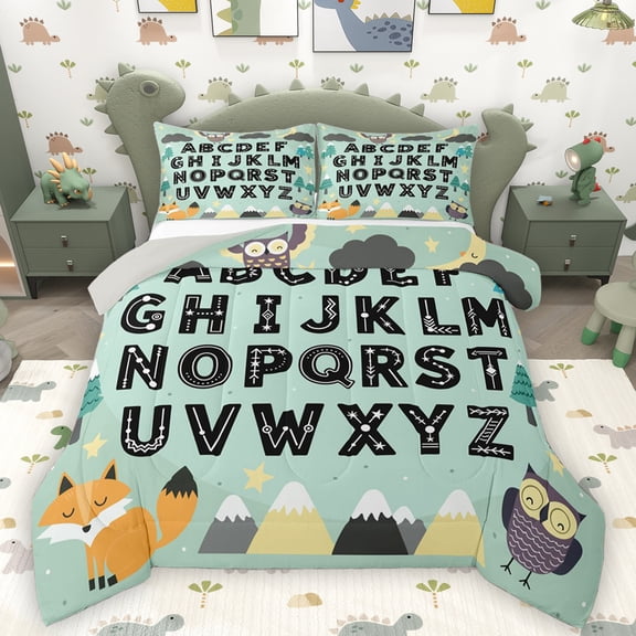 Homewish Cute Fox Owl Queen Comforter Set,Educational Learning Bedding Sets,26 Letters Aplhabet Bedding Comforter Set For Kids,Ultra Soft Home Decor Reversible,3 Pieces