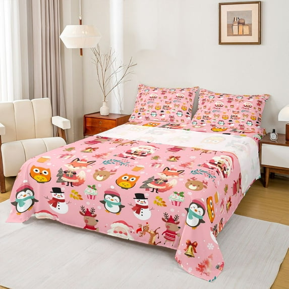 Homewish Cute Fox Penguin Twin Sheet Sets,Christmas Snowman Santa Claus Twin Fitted Sheet,Cartoon Xmas Reindeer Flat Sheet For Girrls Teens,Super Cozy Room Decor,3-Piece