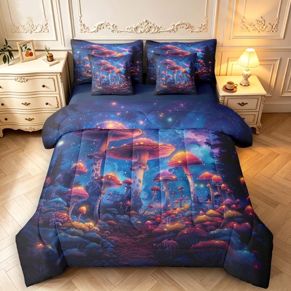 Homewish Cute Fungus Plants 7pcs Queen Bedding,Watercolor Botanical Mushrooms Bedding Comforter Set Queen,Blue Orange,Navy Blue Reversible