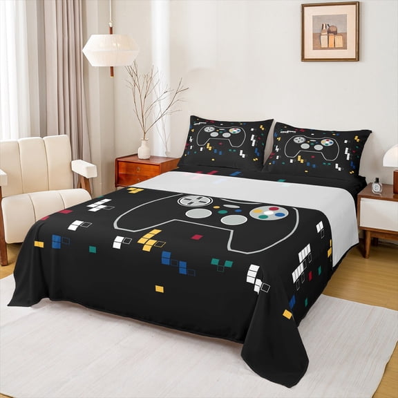 Homewish Cute Gamer Gamepad Bed Sheets for Teens, Cartoon Game Player King Sheets, Modern Video Game Sheet Set, Microfiber Bedroom Decor, 4pcs