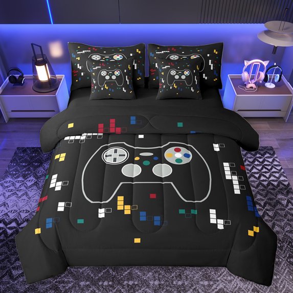 Homewish Cute Gamer Gamepad Bedding Comforter Set 7 Pieces for Teens, Cartoon Game Player Full Bedding Set, Modern Video Game Reversible Fitted Sheet Flat Sheet, Microfiber Bedroom Decor