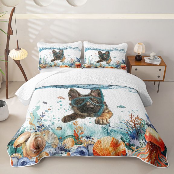Homewish Cute German Shepherd Bed Spread Queen,Jellyfish Seaweed Seashell Queen Coverlet Set,Ocean Splash Wave Decor,3-Piece