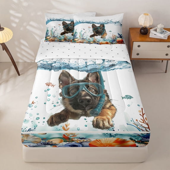 Homewish Cute German Shepherd Zipper Twin Comforter Sets with Fitted Sheet and 2 Pillowcases,Jellyfish Seaweed Seashell Zipper Bedding Set,Ocean Splash Wave Decor,Reversible,4pcs