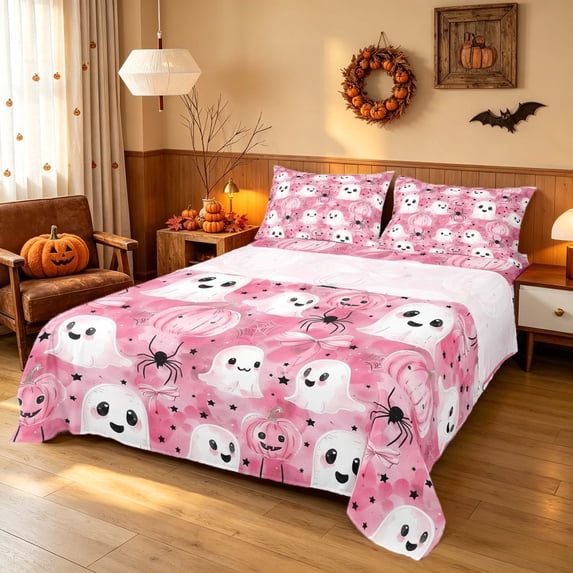 Homewish Cute Ghost Pumpkin Bed Sheets for Girls, Halloween Spider Bow Full Size Sheets, Soft Pink, 4 Pieces (1 Flat Sheet, 1 Fitted Sheet and 2 Pillowcases)