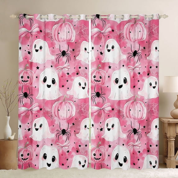 Homewish Cute Ghost Pumpkin Blackout Curtains for Girls, Halloween Spider Bow Curtains Pack of 2 (42x84 Each), Soft Pink
