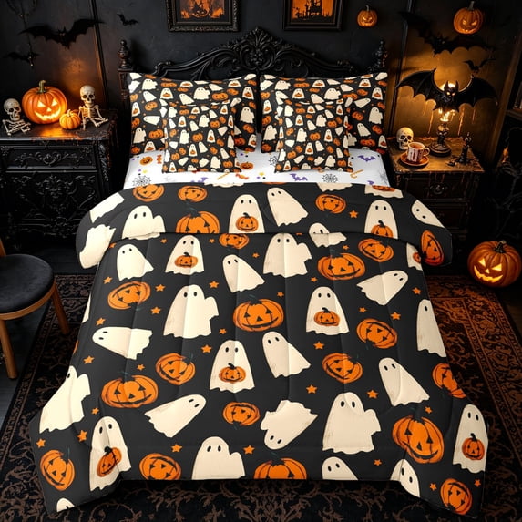 Homewish Cute Ghost Pumpkin Full Size Bedding Sets for Kids, Black Cream Orange Star Full Size Bed in a Bag, Halloween Reversible, 7-Piece