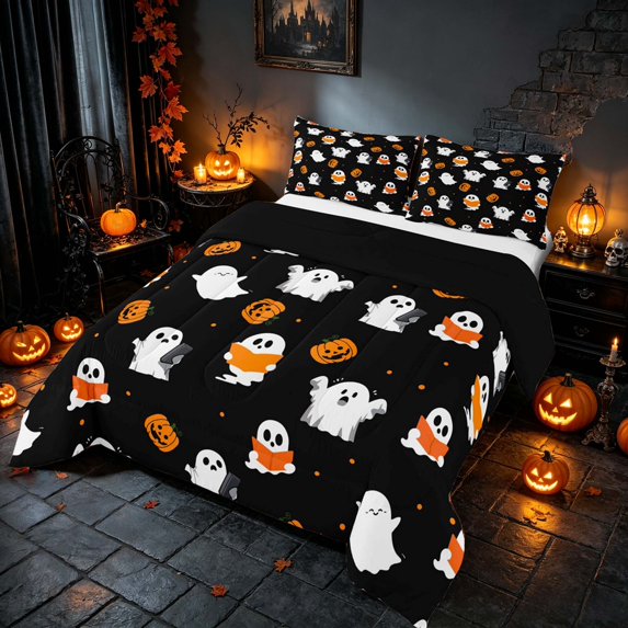 Homewish Cute Ghost Pumpkin Full Size Comforter Sets, Halloween Spooky Animal Bedding Comforter Set, Black Orange, Black Reversible, 3-Piece 1 Comforter and 2 Pillowcases