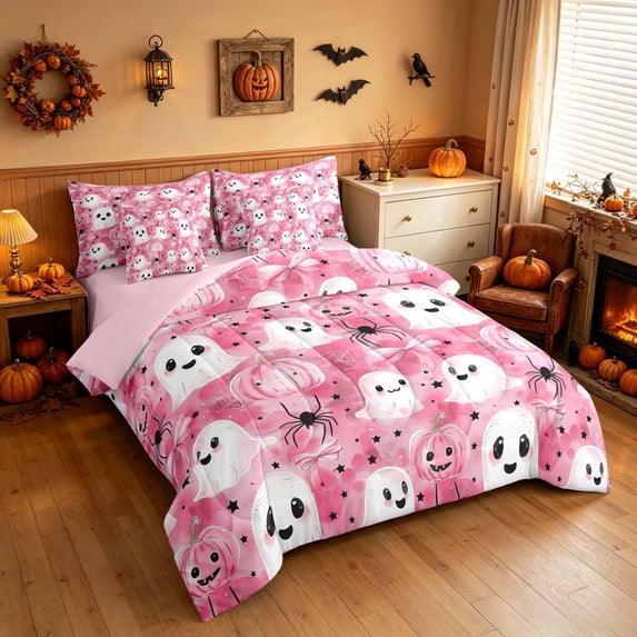 Homewish Cute Ghost Pumpkin Queen Bedding for Girls, Halloween Spider Bow Bedding Comforter Set Queen, Soft Pink, Pink Reversible 7 Pieces
