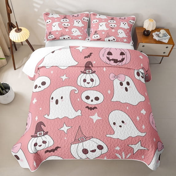 Homewish Cute Ghost Pumpkin Quilt King for Boys Girls, Kawaii Halloween Stars King Coverlet Set, 3 Pieces