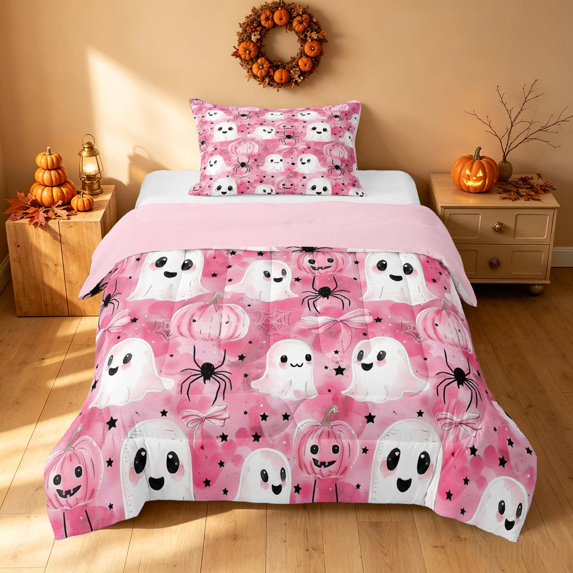 Homewish Cute Ghost Pumpkin Twin Comforter Sets for Girls, Halloween Spider Bow Bedding Set, Soft Pink, Pink Reversible, 2 Pieces 1 Comforter and 1 Pillowcase