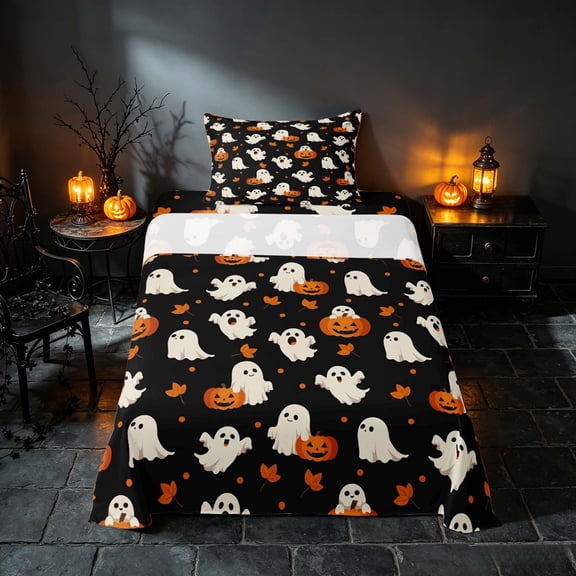 Homewish Cute Ghost Pumpkin Twin Sheets, Halloween Bedding, Black Orange White, 3pcs (1 Flat Sheet, 1 Fitted Sheet and 1 Pillowcase)