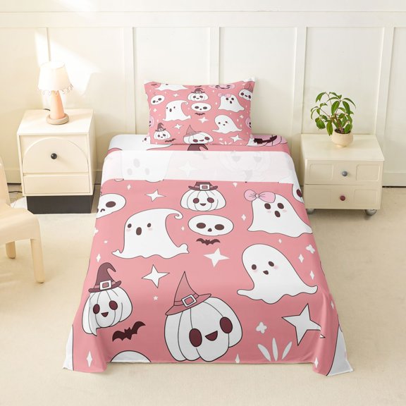 Homewish Cute Ghost Pumpkin Twin Sheets for Kids, Kawaii Halloween Stars Bedding, 3 Pieces, 1 Flat Sheet, 1 Fitted Sheet and 1 Pillowcase