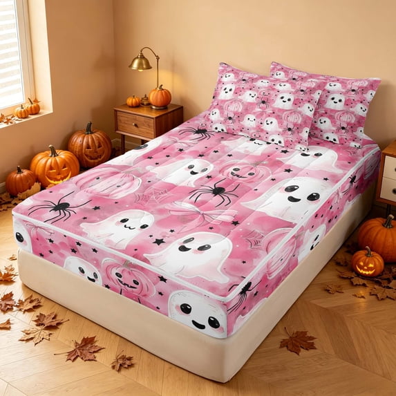 Homewish Cute Ghost Pumpkin Zipper Full Size Comforter Sets with Fitted Sheet and 2 Pillowcases for Girls, Halloween Spider Bow Zipper Bedding Set, Soft Pink, Pink Reversible