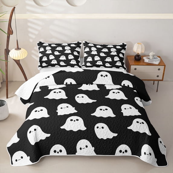 Homewish Cute Ghost Quilt Full, Halloween Spooky Animal Full Bedspread Sets, Black White, 3 Pieces 1 Bedspread and 2 Pillowcases