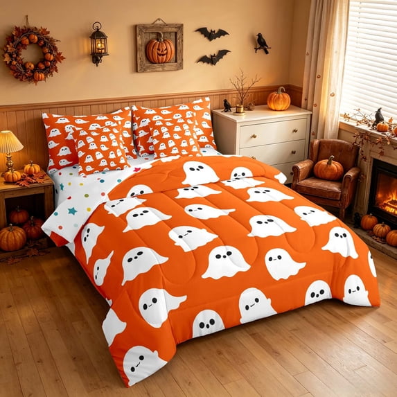 Homewish Cute Ghost Twin Bedding, Halloween Spooky Animal Bedding Comforter Set, Orange White, Polka Dots Reversible 7 Pieces