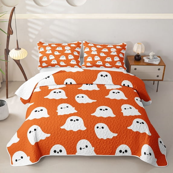 Homewish Cute Ghost Twin Quilt Set, Halloween Spooky Animal Twin Coverlet Set, Orange White, 2-Piece 1 Bedspread and 1 Pillowcase