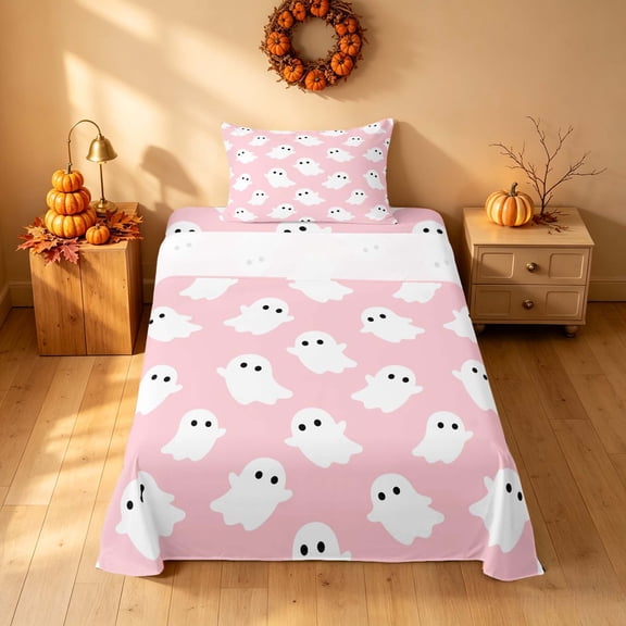 Homewish Cute Ghost Twin Sheets for Girls, Happy Halloween Bedding, Light Pink White, 3 Pieces (1 Flat Sheet, 1 Fitted Sheet and 1 Pillowcase)