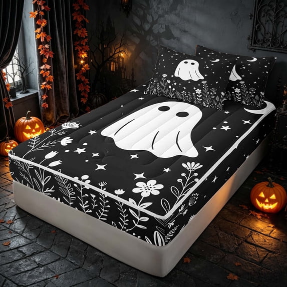 Homewish Cute Ghost Zipper Queen Comforter Set with Fitted Sheet and 2 Pillowcases, Halloween Zipper Bedding Set, Black White, Black Reversible