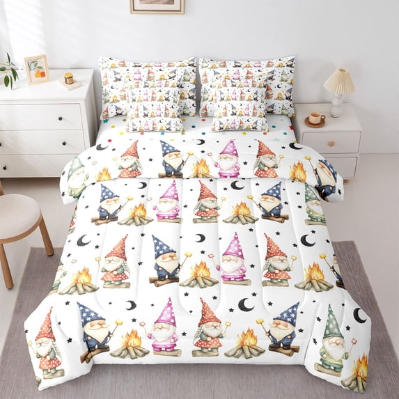 Homewish Cute Gnome 7-Piece Twin Bedding For Kids,Kawaii Cartoon Themed Bedding Comforter Set,White,Polkadot Reversible