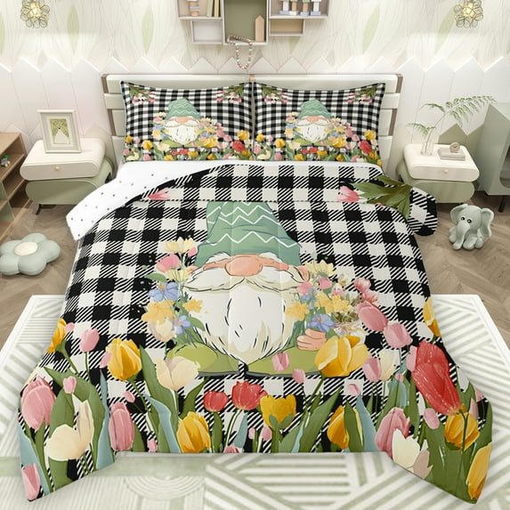 Homewish Cute Gnome Bedding Comforter Set,Colorful Flower Tulip Twin Comforter Sets,White Black Classic Checkered Bedding Set For Girls Kids,Luxury Bedroom Decor Reversible,2pcs