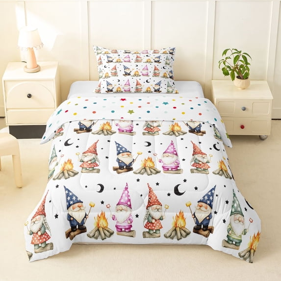 Homewish Cute Gnome Twin Comforter Sets For Kids,Kawaii Cartoon Themed Bedding Set,White,Polkadot Reversible,2 Pieces,1 Comforter and 1 Pillowcase