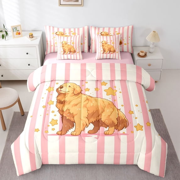 Homewish Cute Golden Retriever Dog 7-Piece Twin Bedding,Cartoon Animal Bedding Comforter Set,Pink White Stripes Decor,Pink Reversible