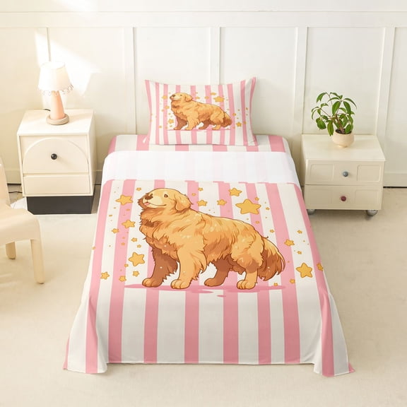 Homewish Cute Golden Retriever Dog Twin Sheets,Cartoon Animal Bedding,Pink White Stripes Decor,3 Pieces,1 Fitted Sheet and 1 Pillowcase