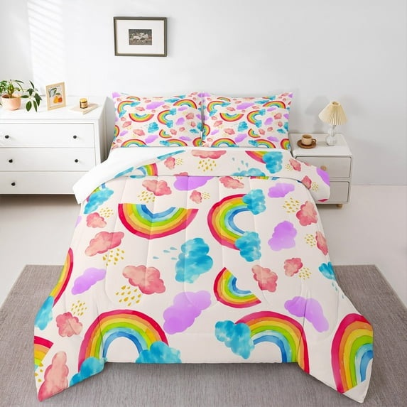 Homewish Cute Gradient Rainbow 2pcs Bedding Comforter Set for Teens Kids Children,Ombre Watercolor Twin Comforter Sets,Cartoon Kawaii Breathable Bedding Set,Lightweight Room Decor