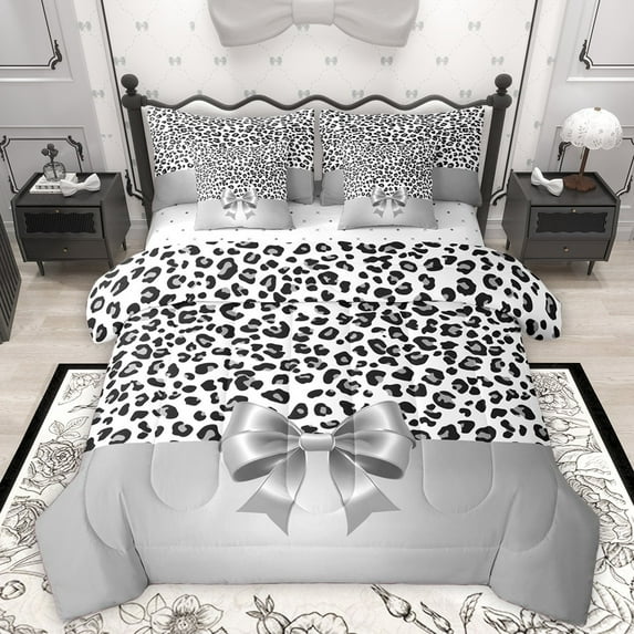 Homewish Cute Grey Ribbon Bowtie 7-Piece Bedding Comforter Set For Female Girls Adults,Leopard Print King Bedding Sets,Animal Cheetah Print Ultra Soft Bed Sheets,Breathable Home Decor,Reversible