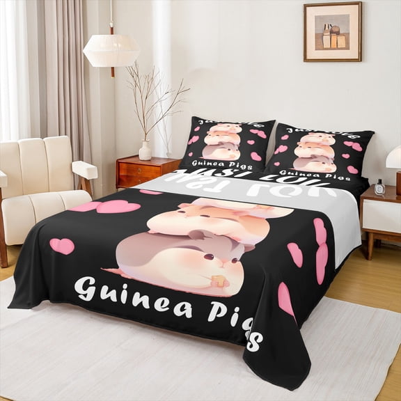 Homewish Cute Guinea Pig 4 Pieces Queen Sheet Sets For Kids Children Teens,Cartoon Animal Ultra Soft Flat Sheet,Black Pink Queen Fitted Sheet,Luxury Bedroom Decor