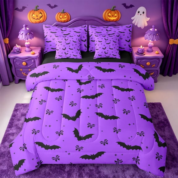 Homewish Cute Halloween Bat 7-Piece Twin Bedding,Small Bow Print Bedding Comforter Set,Violet Black,Black Reversible