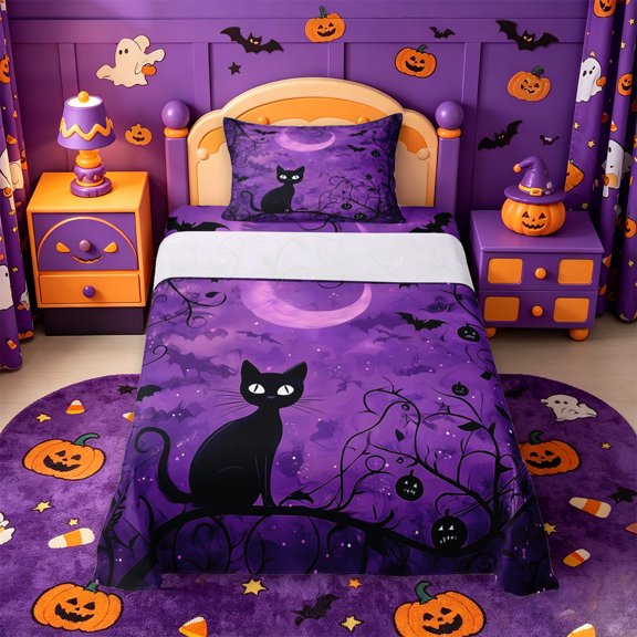 Homewish Cute Halloween Cat Twin Sheets,Pumpkin Bat Pattern Bedding,Purple Black,3-Piece,1 Fitted Sheet and 1 Pillowcase