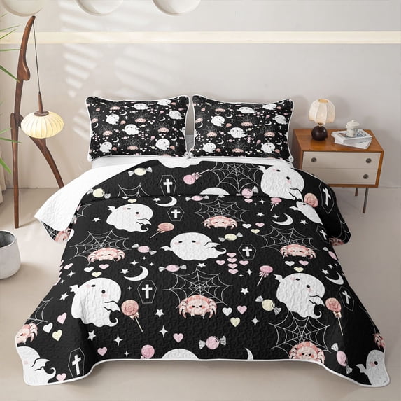 Homewish Cute Halloween Ghost Bed Spread Queen,Spider Web Heart Candy Pattern Queen Coverlet Set,Black,3-Piece
