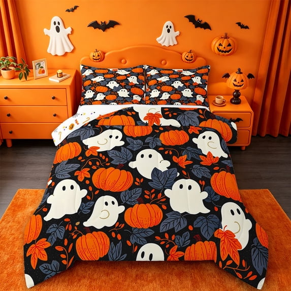Homewish Cute Halloween Ghost Full Size Comforter Sets,Autumn Pumpkin Leaf Pattern Bedding Comforter Set,Black Orange White,Halloween Reversible,3pcs,1 Comforter and 2 Pillowcases