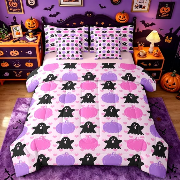 Homewish Cute Halloween Ghost Pumpkin Twin Bedding for Girl, Cartoon Love Heart Bedding Comforter Set, Pink Reversible, 7 Pieces