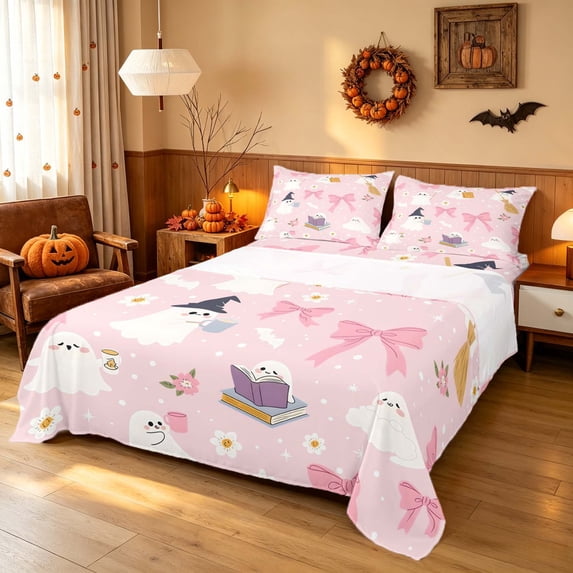 Homewish Cute Halloween Ghost Queen Sheets for Girls, Pastel Floral Bow Queen Sheet Sets, Light Pink White Black, 4 Pieces (1 Flat Sheet, 1 Fitted Sheet and 2 Pillowcases)