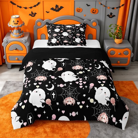 Homewish Cute Halloween Ghost Twin Comforter Sets,Spider Web Heart Candy Pattern Bedding Set,Black,Black Reversible,2pcs,1 Comforter and 1 Pillowcase